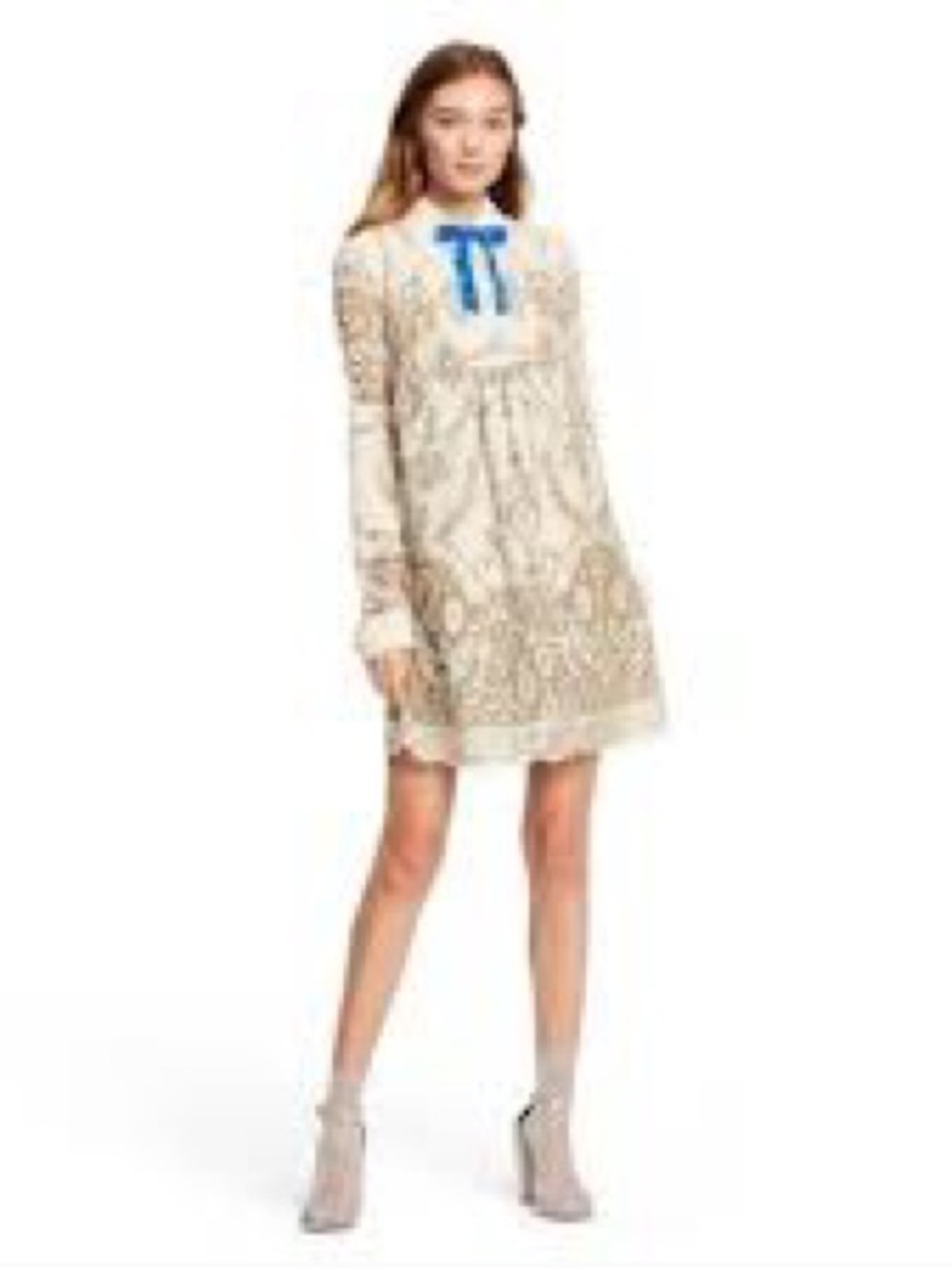 Anna Sui Embroidered Cream Long-Sleeve Dress with Blue Bow